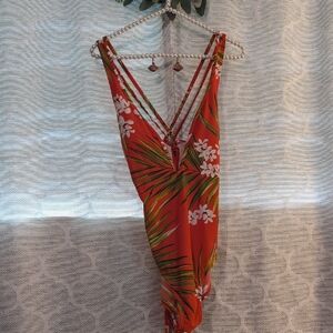 Kona Sol Orange and Green One Piece Swimsuit V-Neck